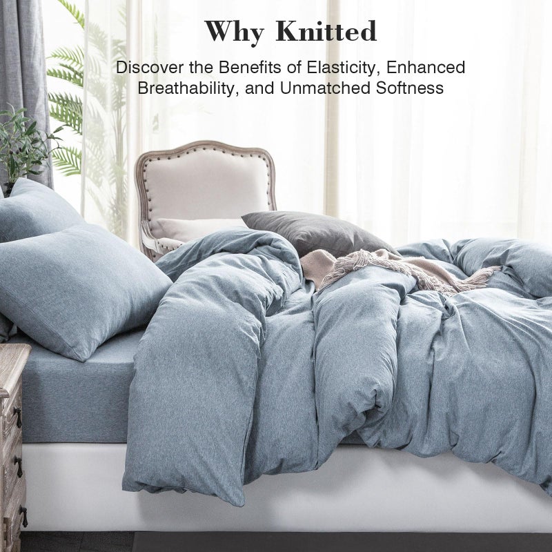 PURE ERA Jersey Knit Duvet Cover Set 100% T-Shirt Cotton Super Soft Comfy 3pc Bedding Set with Zipper Closure (Heather Blueish Grey, Queen) - Image 2